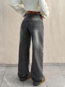 SHEIN Tall 高腰宽松直筒牛仔裤 - 淺灰色 - 查看 2