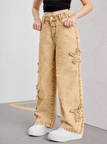 SHEIN Tween Girls Y2K 风格粉色刺绣星星阔腿牛仔裤，时尚街头休闲百搭时尚女孩四季必备单品 - 卡其色 - 查看 6