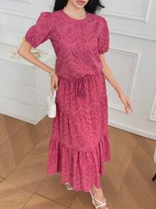 DAZY 女士两件套：镂空刺绣泡泡袖上衣和半身裙 - 粉色 - 查看 4