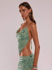 SHEIN BAE Top camisero de verano para mujer en color verde sólido con textura de lentejuelas, Top de tirantes swing, Top estampado de flores con lentejuelas macizas y cuentas, Top verde con cuentas - Verde - Ver 6