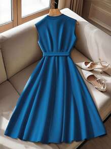 Franclia 休闲优雅前中开衩珍珠纽扣系带腰高腰褶皱大摆中长连衣裙，全新夏季设计，杏色 - 水鴨藍 - 查看 2