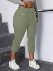 SHEIN CURVE+ Jeans ajustados y cortos de estilo bohemio con elástico para mujer de talla grande, para verano