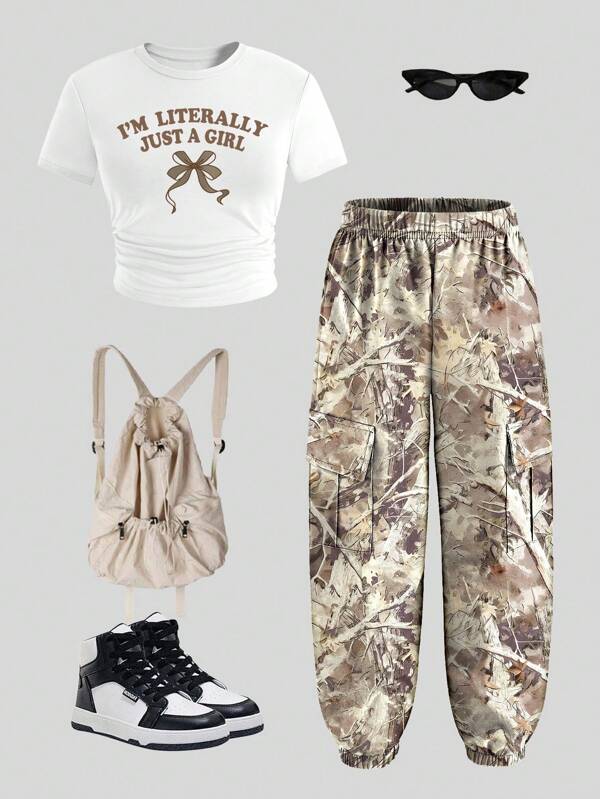 SHEIN 2-Piece Slogan & Camouflage Print Casual Tracksuit Set For Teenage Girls, Includes Short Sleeve Top And Jogger Pants, School, Campus, College