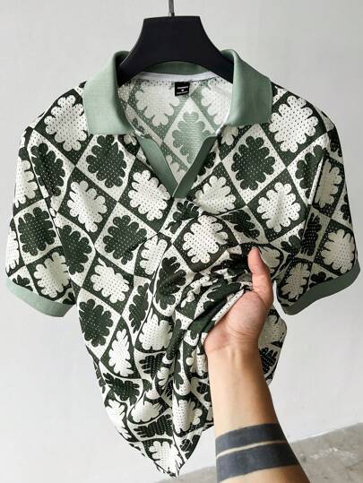 Manfinity RSRT Men's Casual Allover Print Short Sleeve Polo Shirt, Summer