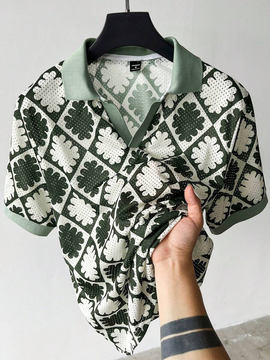 Manfinity RSRT Men's Casual Allover Print Short Sleeve Polo Shirt, Summer - Green - View 1