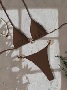 Swim Vcay Ensemble de bikini femme nouvelle mode, couleur unie, décolleté ras-du-cou, dos nu, décoration métallique, sexy triangle, été plage