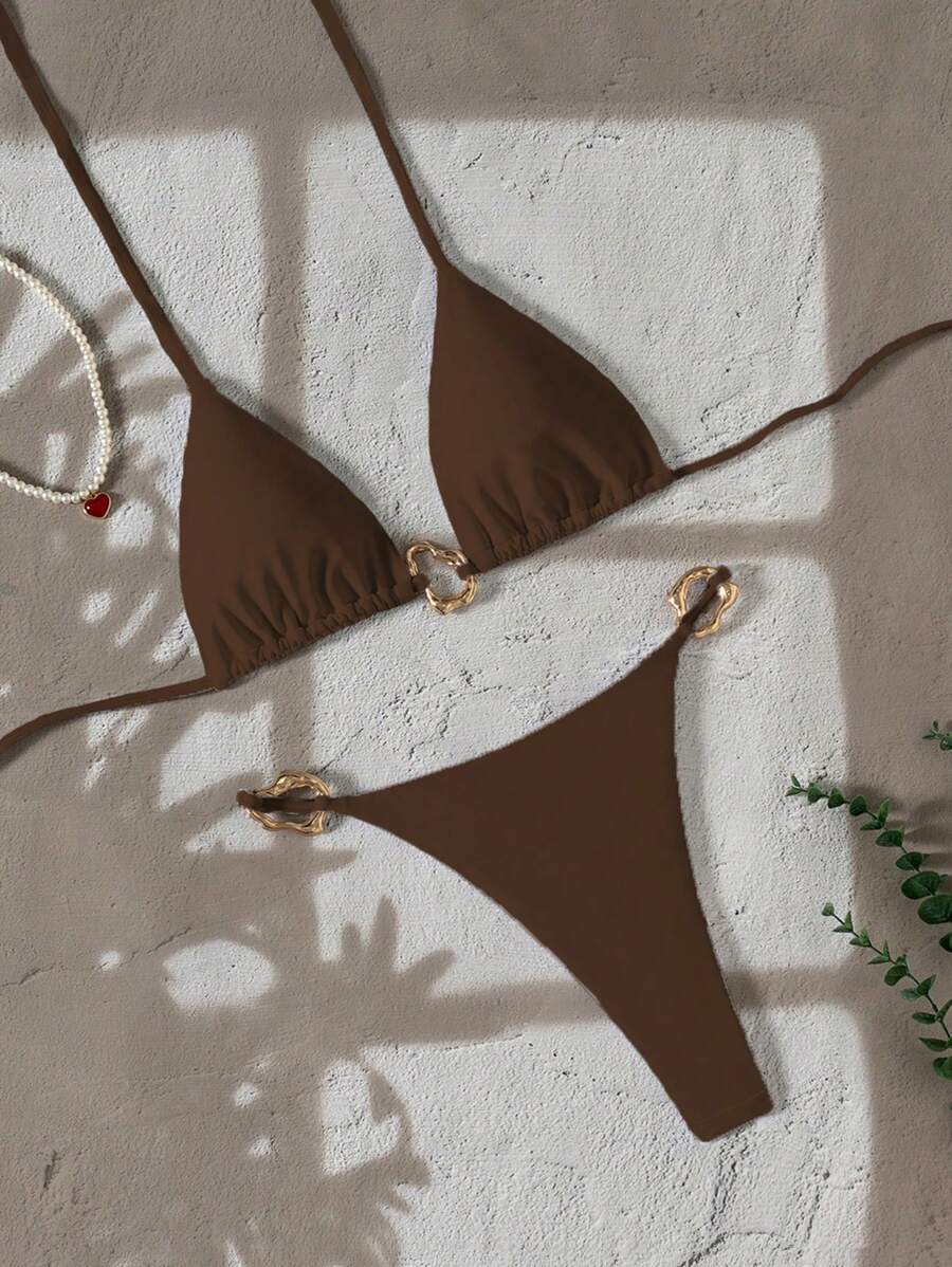 Swim Vcay Ensemble de bikini femme nouvelle mode, couleur unie, décolleté ras-du-cou, dos nu, décoration métallique, sexy triangle, été plage