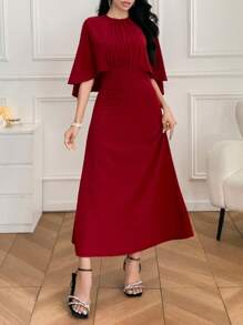 DAZY 女士酒红色连衣裙，腰部收紧，斗篷式设计，夏季红色女士连衣裙，圣诞节 - 紅色 - 查看 1