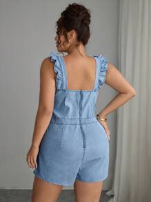 SHEIN EZwear Plus Size Women Patchwork Ruffle Pocket Denim Romper, Summer,Back To School - Blue - View 2