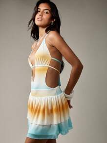 MISSGUIDED Summer Resort Halter Mini Dress With Tiered Ruffle Skirt Gradient Ombre Design Beach Vacation Holiday Party Festival Attire - Multicolor - View 6