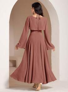 Veilorie 2pcs Women Solid Color Long Sleeve Cropped Top And Halter Neck Dress Elegant Set - Red - View 7