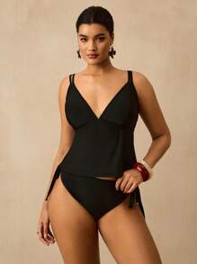 SHEIN VCAY 大码女式夏季海滩度假简约纯色O型环露背侧系带比基尼套装