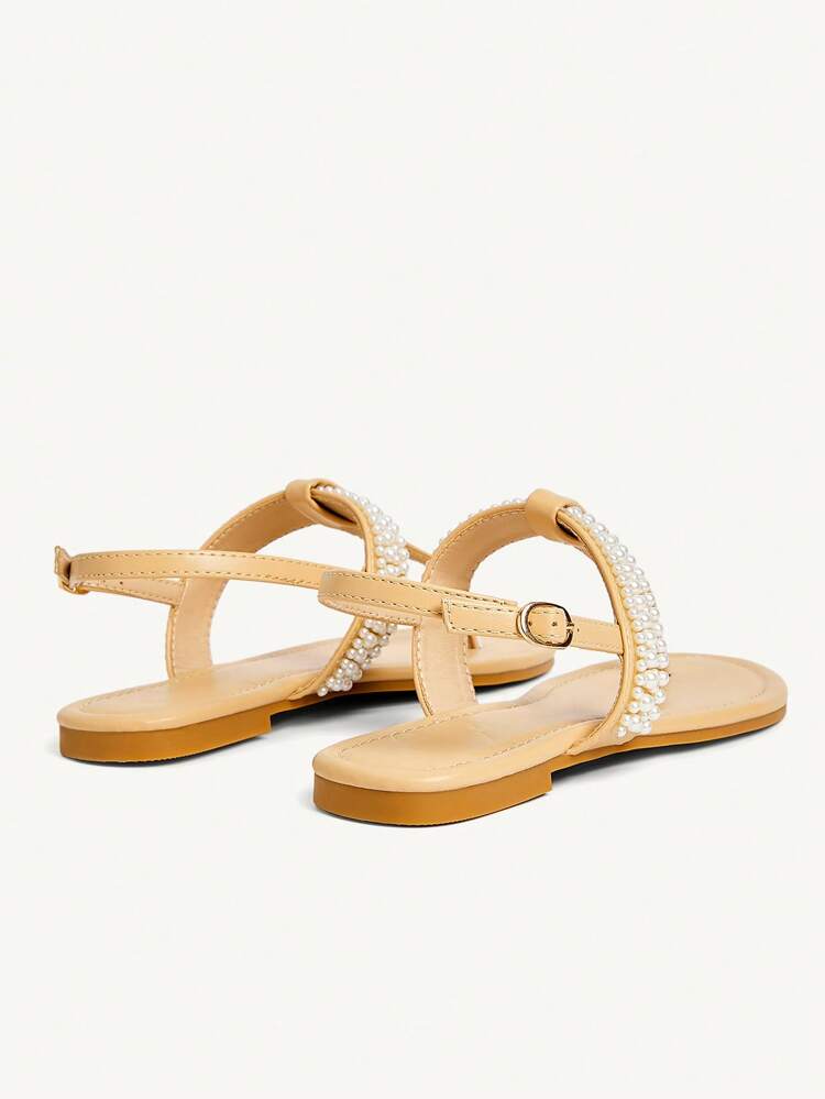 CUCCOO CHICEST Women's Summer New Pearl Round Toe T-Strap Flat Elegant Casual Bohemian Khaki Faux Leather Flat Sandals, Beach Vacation Hawaii Island Style