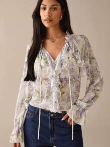 Lilora Blusa elegante de manga larga con volantes y estampado floral para vacaciones, de estilo urbano para salir - Camiseta divertida de mujer de manga larga y volantes, de estilo urbano, romántico y elegante, para salir - Púrpura malva - Ver 6