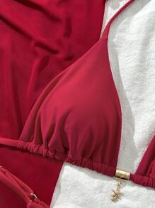 Swim Vcay Bộ 3 Bikini Nữ Mùa Hè Mới Màu Trơn Halter Kim Loại Trang Trí Đầm Đi Biển Đồ Bơi Gợi Cảm - Đỏ - Xem 4