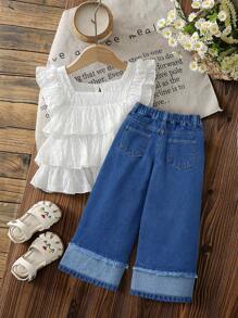 少女心蝴蝶结樱桃刺绣休闲百搭宽松阔腿牛仔裤，2025新款，适合所有季节 - 中等水洗藍 - 查看 2