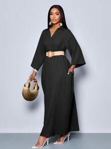 SOLERSUN Women's Fashionable V Neck Loose Batwing Sleeve Without Belt Dress For Holiday Maxi Women Outfit - Black - View 6