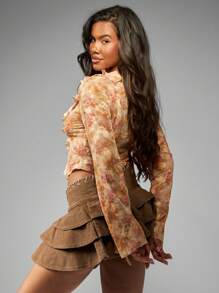MISSGUIDED Ruffle Blouse Long Sleeve Chiffon Top Tie Front Fall Winter Flowy Boho Style Shirt - Multicolor - View 2