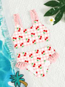 SHEIN Young Girl Strawberry Plaid Frill Trim Ruched Halter Bikini Set, Family Matching Outfits Mommy And Me (4 Pieces Sold Separately) - Multicolor - View 1