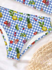 Tween Girls Casual Minimalist Colorful Tropical Fruit & Check Pattern Spaghetti Strap Tank Top & Briefs Swimsuit Set, Suitable For Summer - Multicolor - View 4