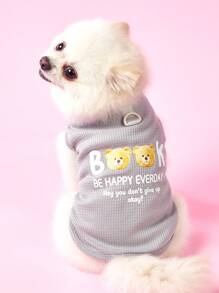 PETSIN 灰色夏季可爱休闲书，Behappy Everyday，熊图案印花轻盈透气华夫格纹理宠物背心，适合猫狗 - 灰色 - 查看 3