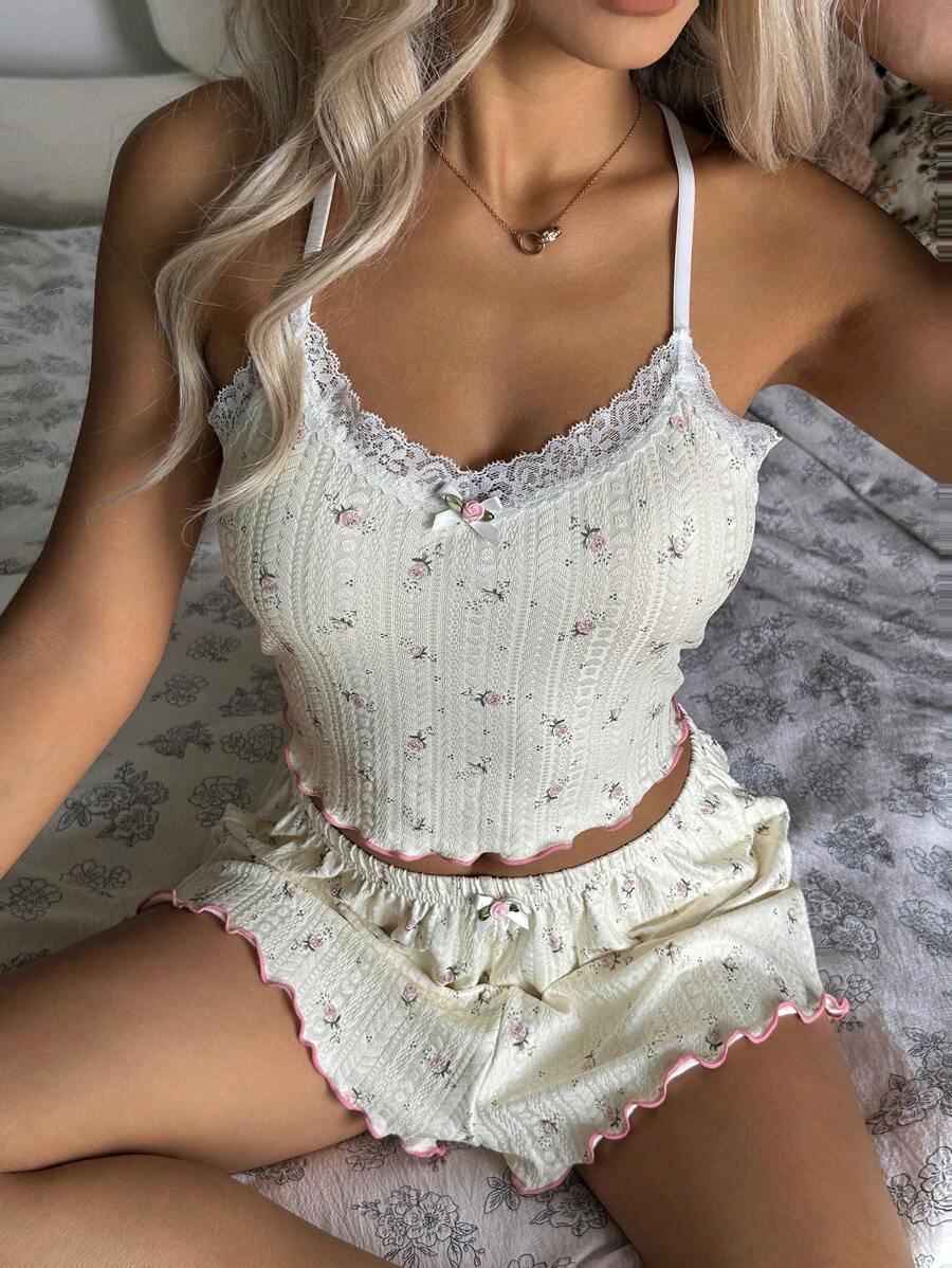 CottageSlumber Ditsy Floral Knit Fitted Women's Pajamas Set Floral Pajama Set Two Piece Summer Set Bountiful Floral Splendor  Cozy And Elegant Details - Beige - View 1