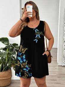 EMERY ROSE Plus Size Women's Casual Minimalist Blue Butterfly Print Jumpsuit, Suitable For Spring/Summer, Mother's Day,Flower/Vacation, Spring Break - Multicolor - View 5