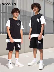 Vacaura Teen Boy Color Block Letter Printed Short Sleeve T-Shirt And Shorts 2pcs Set - Black and White - View 1