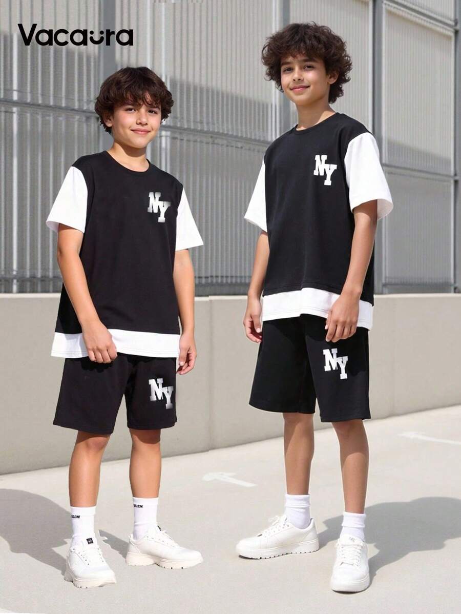 Vacaura Teen Boy Color Block Letter Printed Short Sleeve T-Shirt And Shorts 2pcs Set - Black and White - View 1