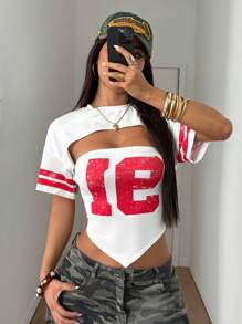 StreetHx 街头服饰女式休闲运动镂空数字 91 圆领二合一 T 恤 - 白色 - 查看 1