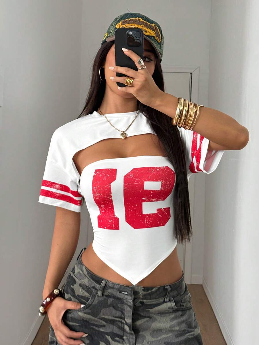 StreetHx 街头服饰女式休闲运动镂空数字 91 圆领二合一 T 恤 - 白色 - 查看 1