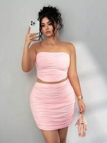 Elenzga Elegant Strapless Backless Top & Solid Color Ruffle Hem Bodycon Skirt 2 Pieces Plus Size Set - Coral Pink - View 7