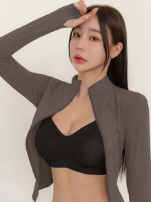 DAZY 女士纯色弹力立领修身长袖夹克，运动休闲，春秋季 - 摩卡棕 - 查看 5