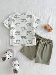 Cozy Pixies 2 件套婴儿男孩卡车图案针织柔软圆领短袖上衣和纯色松紧腰短裤 - 綠色 - 查看 2