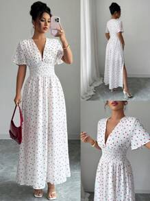 Elenzga Vestido largo con cordón, escote profundo y plisado, con estampado de corazones, para mujer de verano - Blanco - Ver 1
