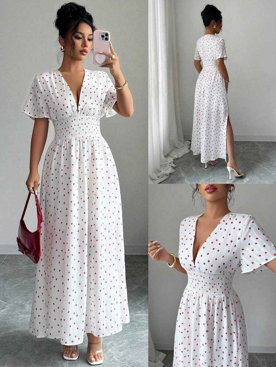 Elenzga Vestido largo con cordón, escote profundo y plisado, con estampado de corazones, para mujer de verano - Blanco - Ver 1