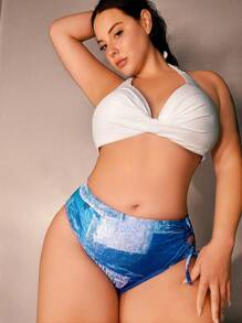 Swim Vcay Plus Size Women Random Print Side Hollow Strap Bikini Bottom For Summer Beach Vacation - Blue - View 1