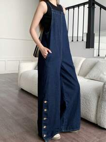 SHEIN Mono versátil de unicolor de lino informal de vacaciones como nueva llegada 2025 para adolescentes, primavera/verano, silueta esbelta y juvenil, corte holgado, con bolsillos laterales, espalda abierta, pantalón de pierna ancha y cintura alta, para salidas familiares o vestimenta informal de negocios en verano - Azul lavado oscuro - Ver 4