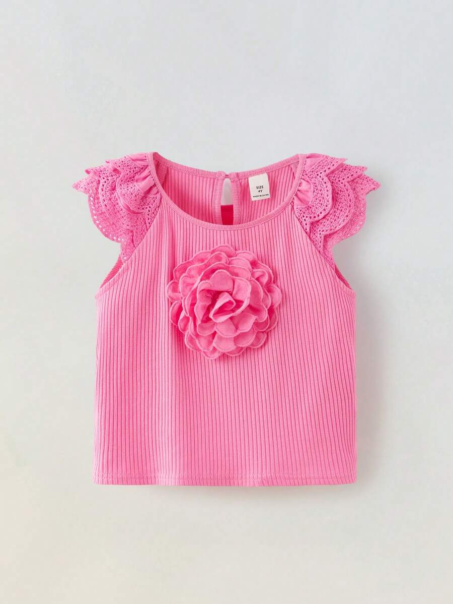 Maija Kids Maija Kids Camiseta de manga corta con patrón de volantes de flor 3D, para niñas jóvenes - Rosa - Ver 1