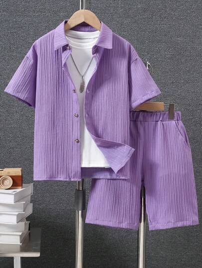 SHEIN Conjunto de 2 peças de camisa e shorts de manga curta de cor sólida para meninos pré-adolescentes, casual