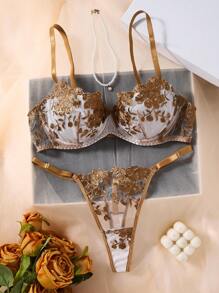 Semi-Sheer Coffee Brown Floral Matching Bra And Panty Set For Everyday Elegance Lace Bra Set Lingerie Sets Bra Sets With Panties Embroidered Bra Set - Coffee Brown - View 3