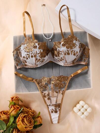 Semi Doorschijnende Coffee Bruin Bloemen Matching BH Slipje Set Everyday Elegance Kanten Lingerie Sets Panties Geborduurde view 3