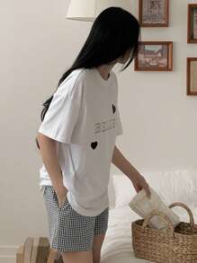DAZY 2pcs/Set Women Casual Heart & English Print Short Sleeve Plaid Shorts Suit Pajama - White - View 5