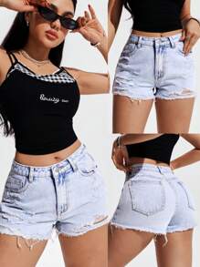 SHEIN EZwear 女式休闲水洗破洞牛仔短裤 - 淺色水洗藍 - 查看 1