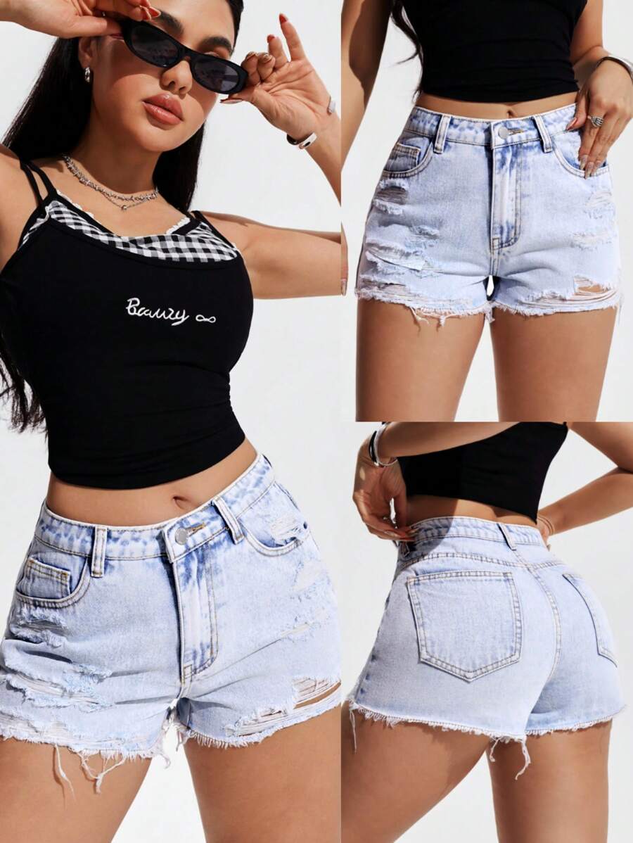 SHEIN EZwear 女式休闲水洗破洞牛仔短裤 - 淺色水洗藍 - 查看 1