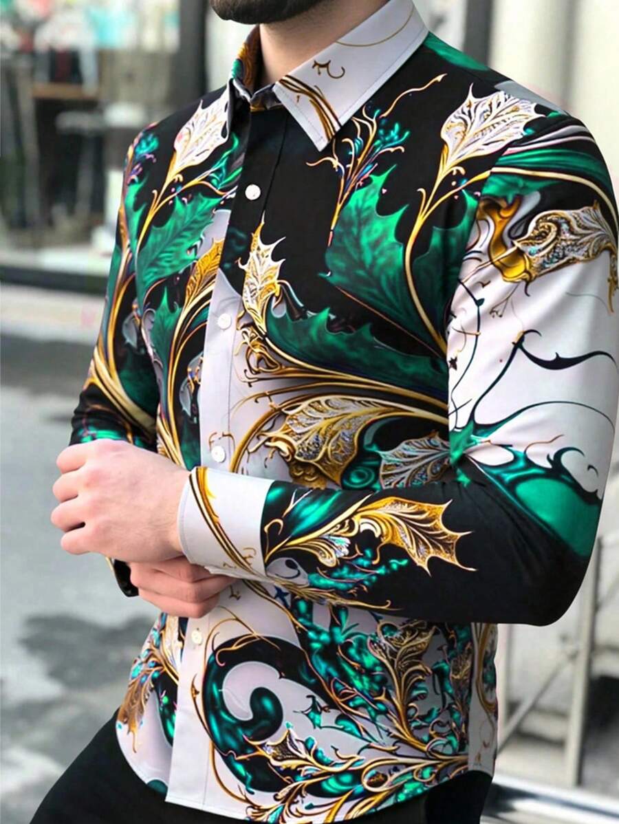 Manfinity AFTRDRK 男士复古花卉图案印花长袖衬衫,适合春秋季节穿着,休闲舒适衬衫可作为礼物,男士真丝衬衫,男士奢华衬衫,绿色和金色衬衫,男士花卉图案男士西装外套 - 彩色 - 查看 1
