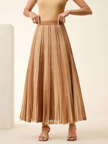 Anewsta 女士优雅褶皱亮片针织裙，适合节日、春季、商务休闲、端庄、老派风格 - 咖啡棕 - 查看 5