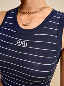 Muvela 2pcs Women Sexy Letter Embroidery Striped Sweater Set In Fall/Winter - Navy Blue - View 5