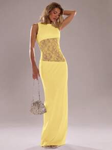 SHEIN BAE 无袖纯黑色紧身蕾丝拼接不对称透视连衣裙，性感度假连衣裙，透视连衣裙 - 黃色 - 查看 3