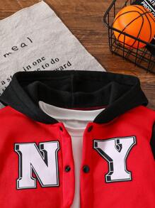 Young Boy Letter Print Patchwork Hooded Jacket, Cool , Autumn Winter Varsity Jacket - Multicolor - View 6